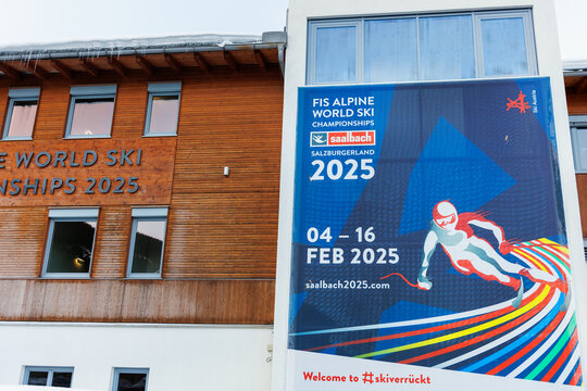 Alpine Ski World Cup FIS 2025 - Saalbach-Hinterglemm, Austria on December 31, 2024. Ski lift and wooden tribune finish construction at World skiing championship Venue