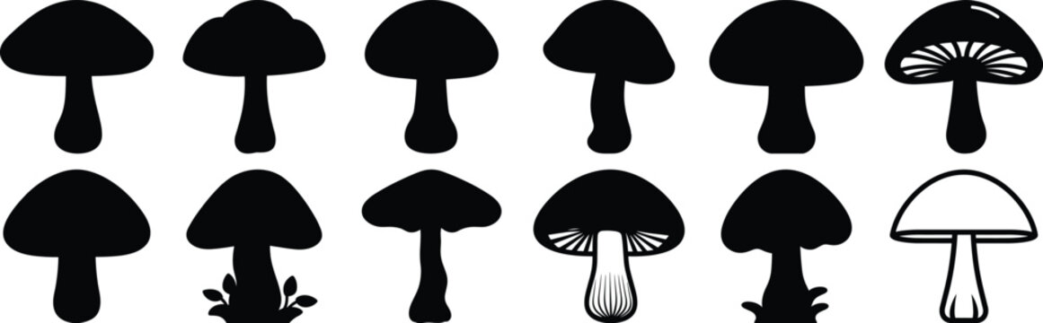 Mushroom silhouette set vector design big pack of fungus illustration and icon