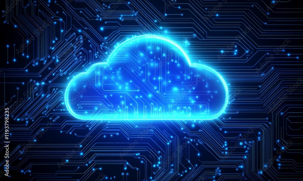 Poster a glowing cloud icon on a circuit board, representing digital data storage and processing.