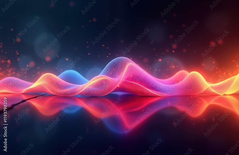 Poster Abstract neon waves flow. Colorful digital music equalizer. Vibrant colors, shapes create dynamic tech design. Futuristic sound visualization. Smooth curves. Energy, light. Perfect for tech concepts.