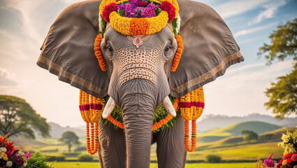 beautiful decorated elephant against the backdrop of stunning nature india