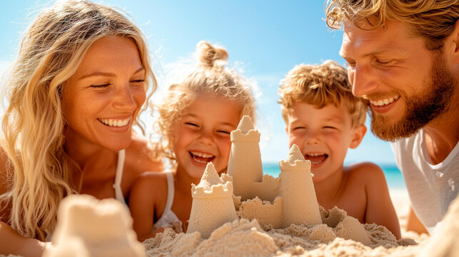 Happy family of four building a sandcastle on a sunny beach, smiling and enjoying quality time together in summer.