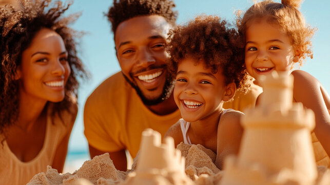 Happy family of four building a sandcastle on a sunny beach, smiling and enjoying quality time together in summer. Close up photo.