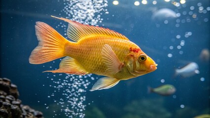 Fototapeta premium Vibrant Yellow and Orange Fish in Aquarium with Bokeh Background - Stock Photo