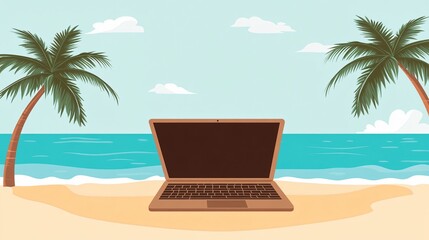 Laptop on Tropical Beach: Remote Work Paradise Illustration