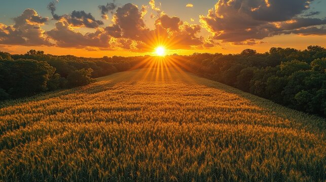 Golden Wheat Fields Under a Vibrant Sunset Sky with Clouds and Warm Light Illuminating Nature's Beauty in a Rural Landscape
