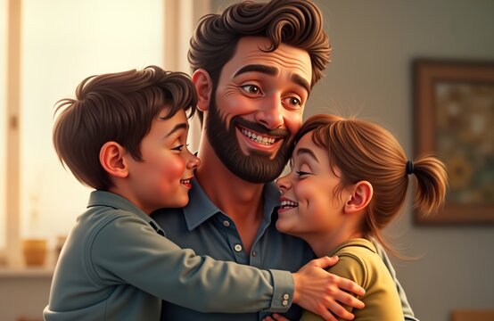 Happy father hugs two children. Joyful family. Affectionate moment. Celebration. Family bonding. Father Day. Warmly embraced. Emotional. Loving. Caring. Fathers Day celebration. Family time. Kids