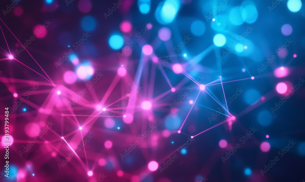 Poster abstract background with pink blue glowing neon lines and bokeh lights. data transfer concept. digit