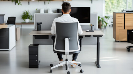 A clean and organized desk setup with a worker seated on an ergonomic chair, ensuring proper back alignment