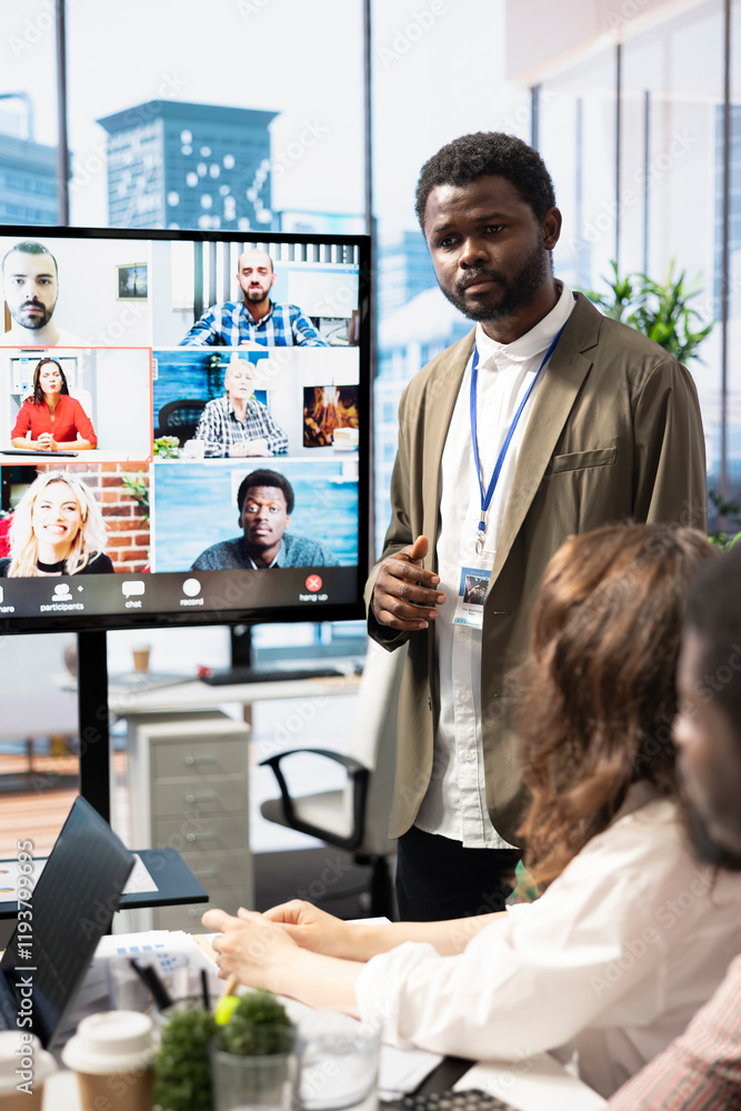 Poster diverse team of workers reviewing project updates together with shareholders on video call online me