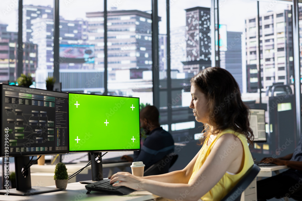 Poster admin utilizing green screen computer for cloud computing resources and platforms to train machine l