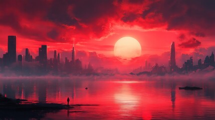 Fototapeta premium Crimson Cityscape: A Solitary Figure at Sunset