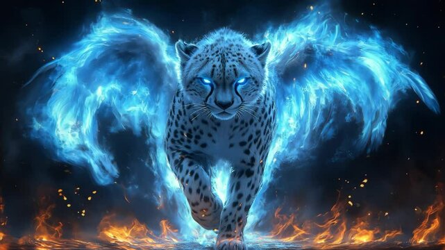 Mystical Blue Cheetah with Flaming Wings Seamless Loop Background