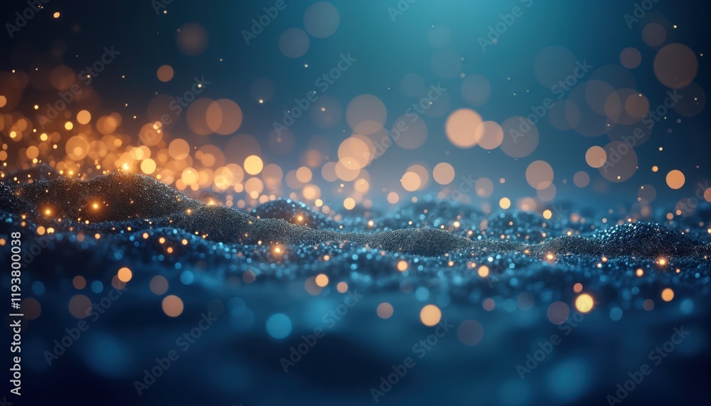 Aufkleber Abstract blue background with scattered golden glitter, bokeh. Shiny glowing particles create dynamic effect. Image evokes sense of magic, festivity. Ideal for holiday concepts, luxury product