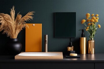 Modern Minimalism, still life arrangement a variety of home goods with clean lines, and a sophisticated color palette of neutrals, earth tones, and pops of gold and orange