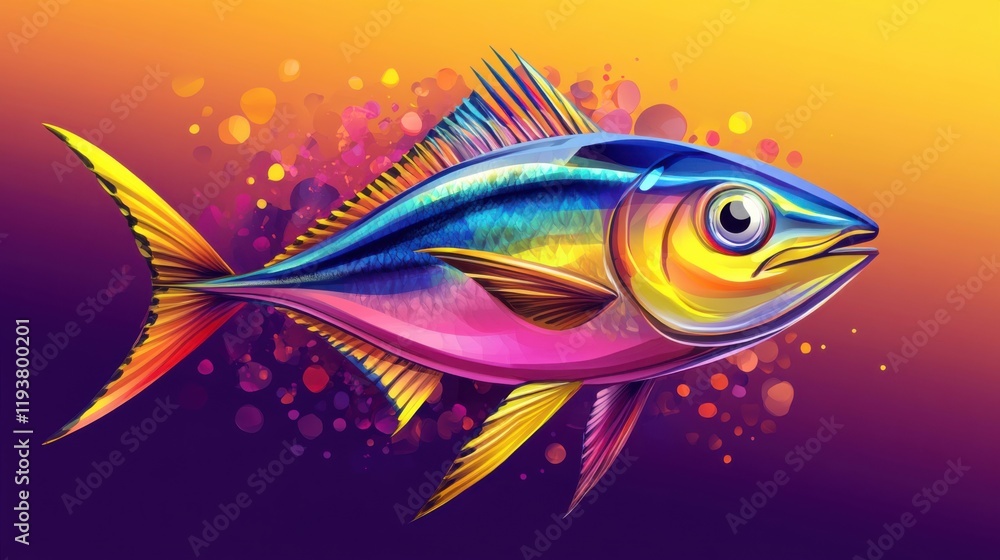 Poster vibrant and colorful tropical fish illustration with bright colors and dynamic design set against a 