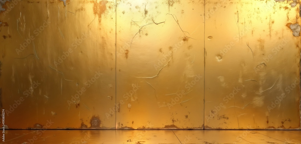 Aufkleber Golden textured surface with distressed, scratched finish. Uneven light reflection on patina. Background with metallic, luxe vibe. Ideal for design projects. Gold abstract art. Luxury material