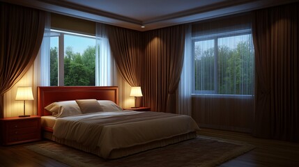 Serene Bedroom Interior Design at Night with Lamps and Curtains