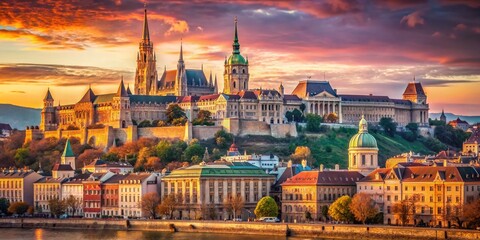Fototapeta premium Vintage Budapest: Buda Castle & Matthias Church Panorama
