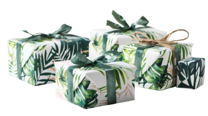 Beautifully craft paper-wrapped gift boxes adorned with tropical leaves, isolated on white background