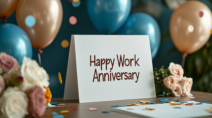 A close-up of a decorated workspace with a personalized Happy Work Anniversary message on a desk