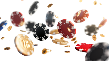 Black and golden casino chips falling, isolated on white background
