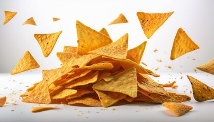 Crispy tortilla chips in mid-air, a delicious snack.