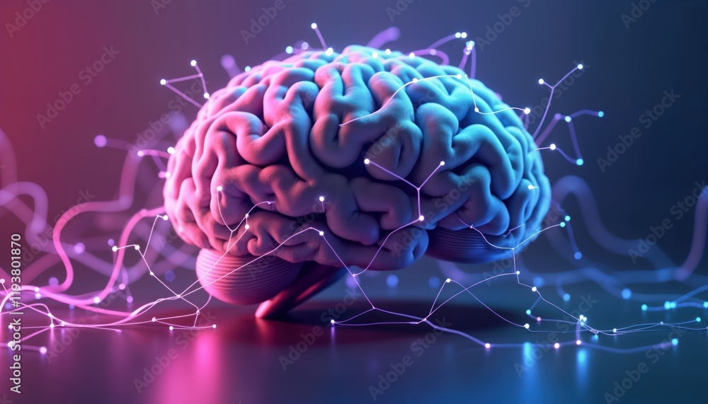 Poster 3D model of human brain. Neural network connections shown. Neon lines illuminate neural connections. Abstract illustration of brain functions. Futuristic art style. Concept of intelligence,