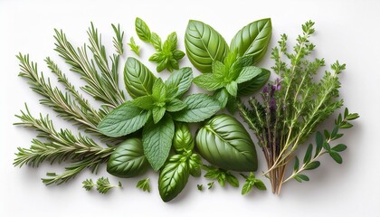 Aromatic herbs and spices arranged artfully on a white background.