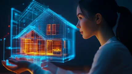 Young asian female engineer analyzing digital house structure in augmented reality
