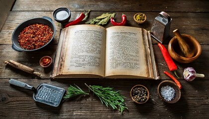 Ancient cookbook open, surrounded by spices & herbs.