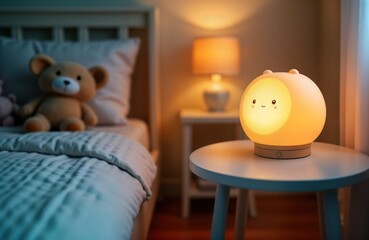 Childs room at night. Nightlight glows softly. Cute animal nightlight on bedside table. Teddy bear beside bed. Warm cozy interior. Perfect for kid room decor. Promotes comfort, sleep. Adorable