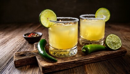 Fototapeta premium Two refreshing yellow cocktails garnished with lime wedges and chili peppers.