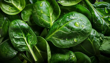 Obraz premium Fresh spinach leaves glistening with water droplets.