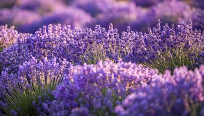 Obraz premium Vibrant purple lavender field bathed in sunlight.
