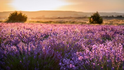 Fototapeta premium Sunset over a field of purple lavender.