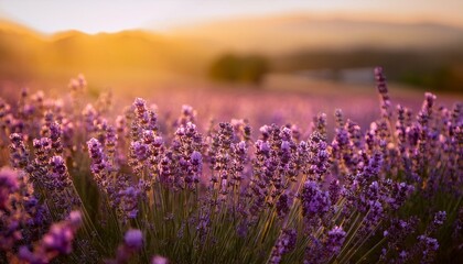 Naklejka premium Sunset over a field of purple lavender flowers.