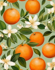 Juicy oranges & blossoms on a sage green background. Fresh, vibrant, and delicious!