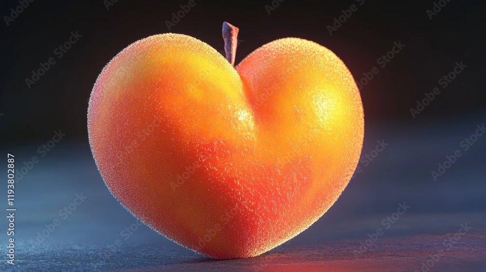Poster a radiant peach shaped into a heart with realistic fuzz and intricate shading