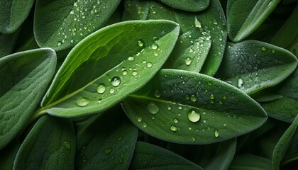 Obraz premium Close-up of lush green leaves glistening with morning dew.