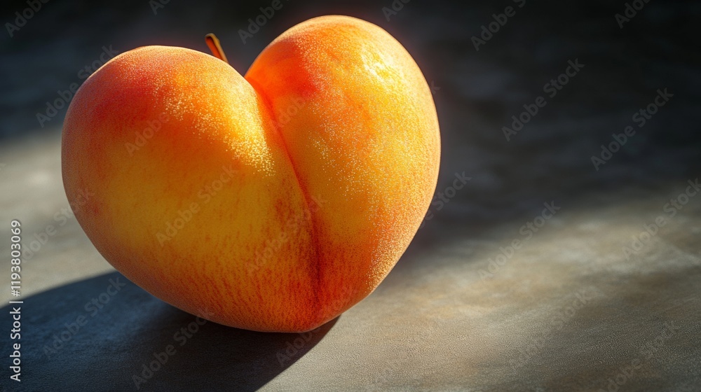 Poster a radiant peach shaped into a heart with realistic fuzz and intricate shading