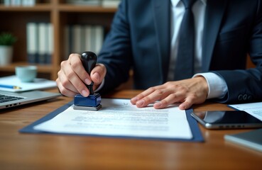 Businessman in formal attire stamps document in pro office setting. Working on legal financial documents, possibly contracts applications. Could notary public lawyer confirming signature agreement.