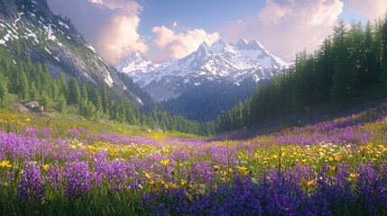 Fototapeta premium Vibrant wildflowers bloom in a sunny alpine meadow, nestled between majestic snow-capped mountains and lush forests.