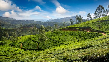 Fototapeta premium Serene hillside tea plantation under a vibrant sky.