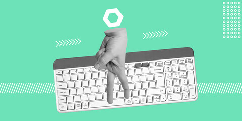 Hand typing on keyboard, representing technology, digital innovation, programming or online work. Minimalistic art collage
