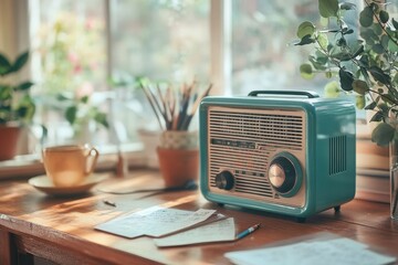 Vintage radio on a wooden desk in a cozy room