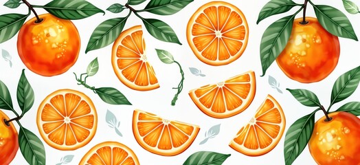 Obraz premium Fresh citrus fruits. Colorful oranges with vibrant green leaves. Watercolor style. Pattern design. Healthy food illustration. Suitable for juice or food products design or agriculture marketing