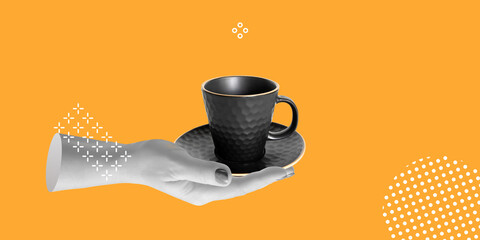 Hand holding a coffee cup, representing hospitality, relaxation, or coffee culture. Minimalistic art collage
