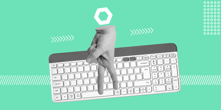 Hand typing on keyboard, representing technology, digital innovation, programming or online work. Minimalistic art collage