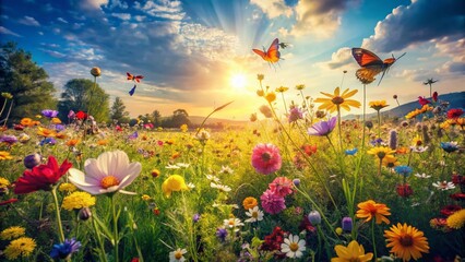 Fototapeta premium Vintage Garden Meadow: Vibrant Flowers, Insects, Sunny Sky - Stock Photo